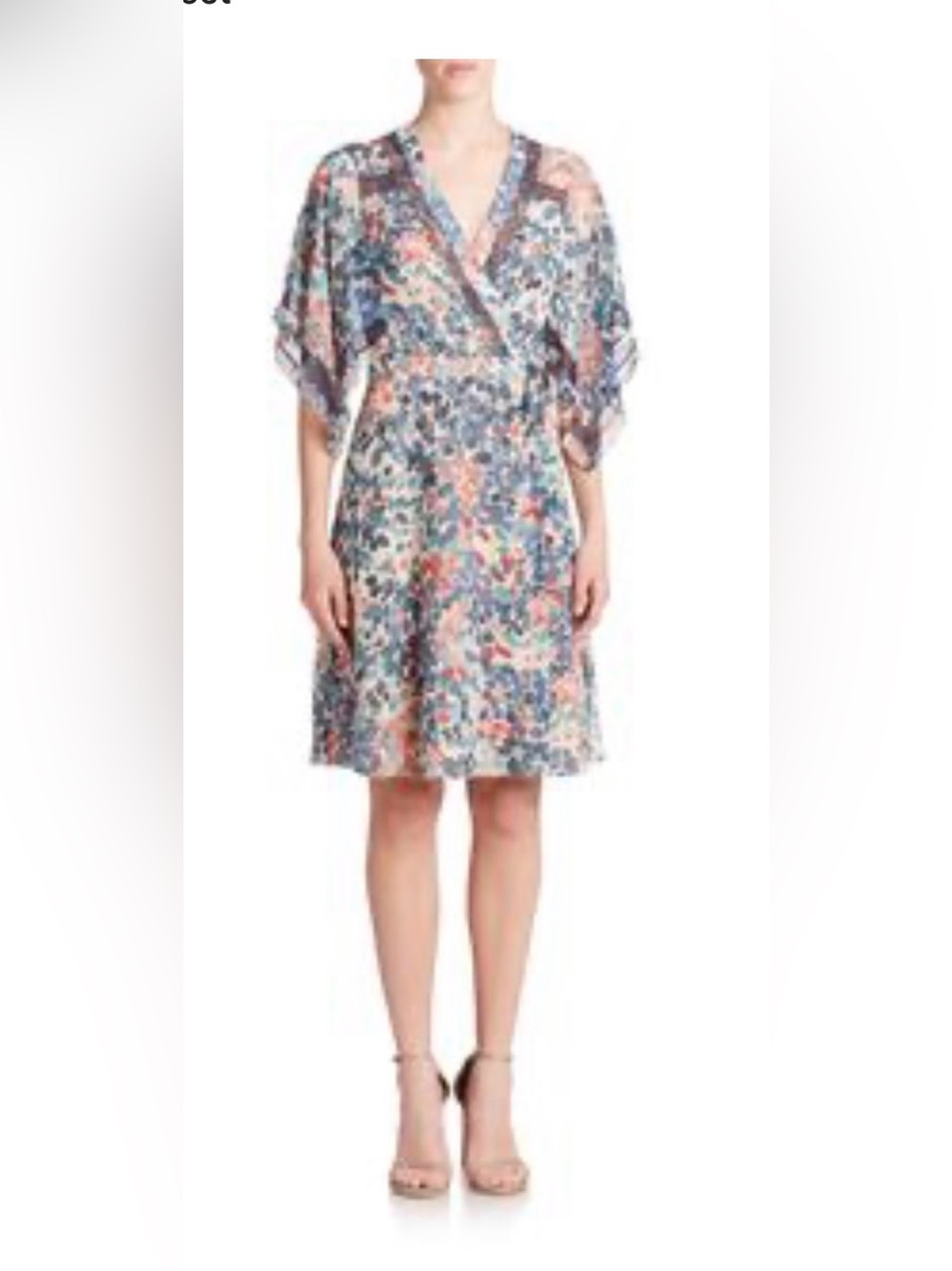 BCBGMaxAzria Silk Floral Print V-Neck Dress in Cream, Blue, Green, Rust